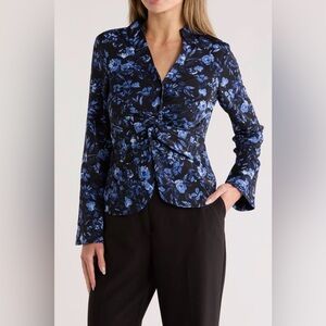 NICOLE MILLER Floral Blue and Black Blouse